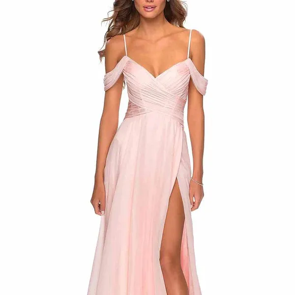 Chiffon Bridesmaid Dresses with Pockets V Neck Long Prom Dress Formal Evening Gown with Slit