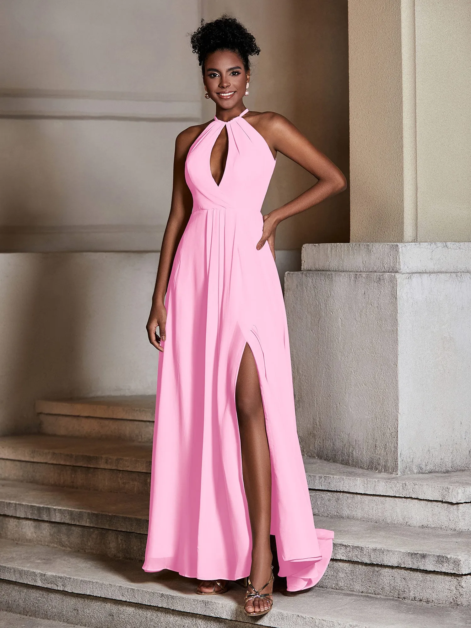 Chiffon Long Halter Dresses with Slit-Candy Pink
