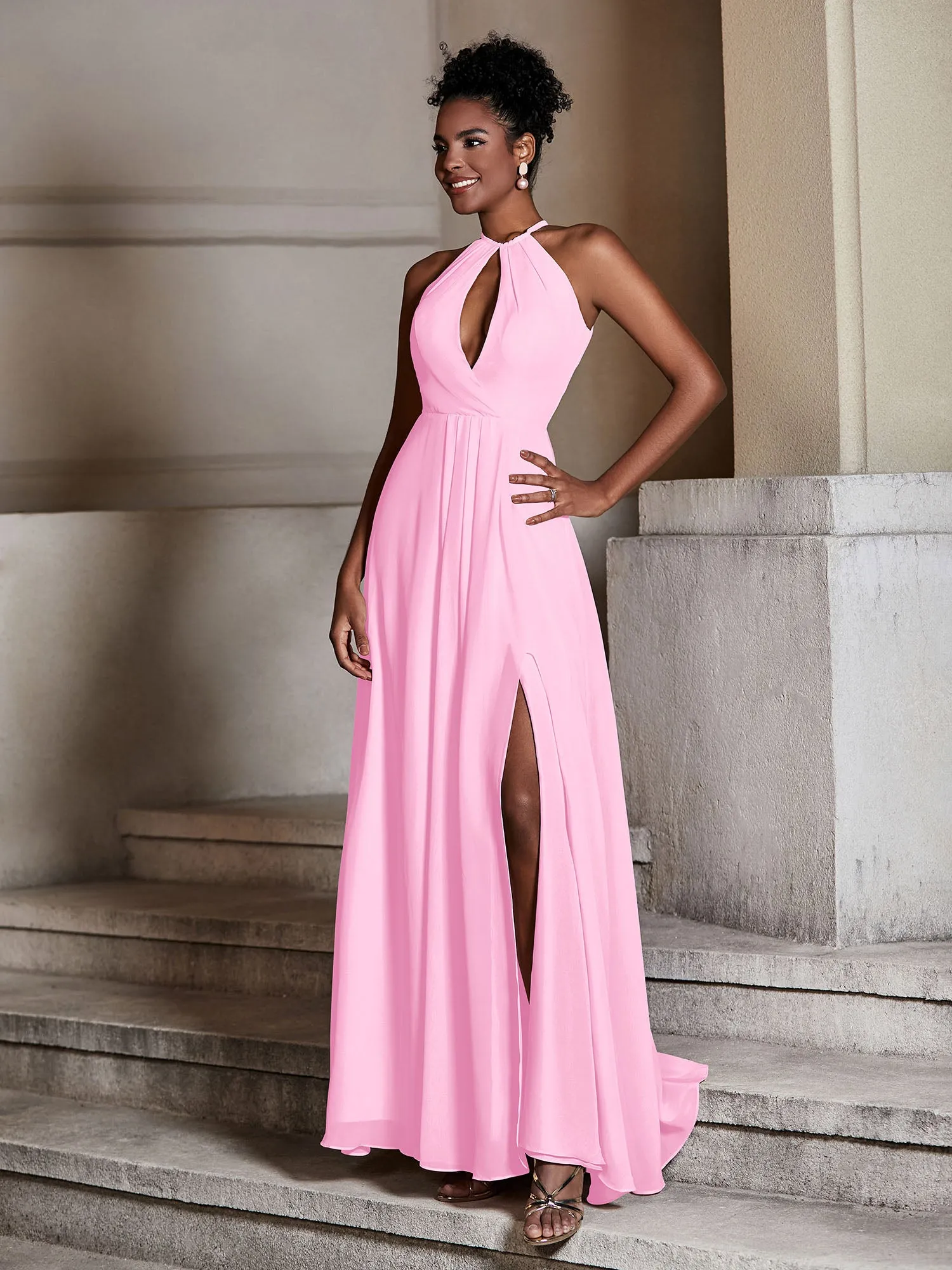 Chiffon Long Halter Dresses with Slit-Candy Pink