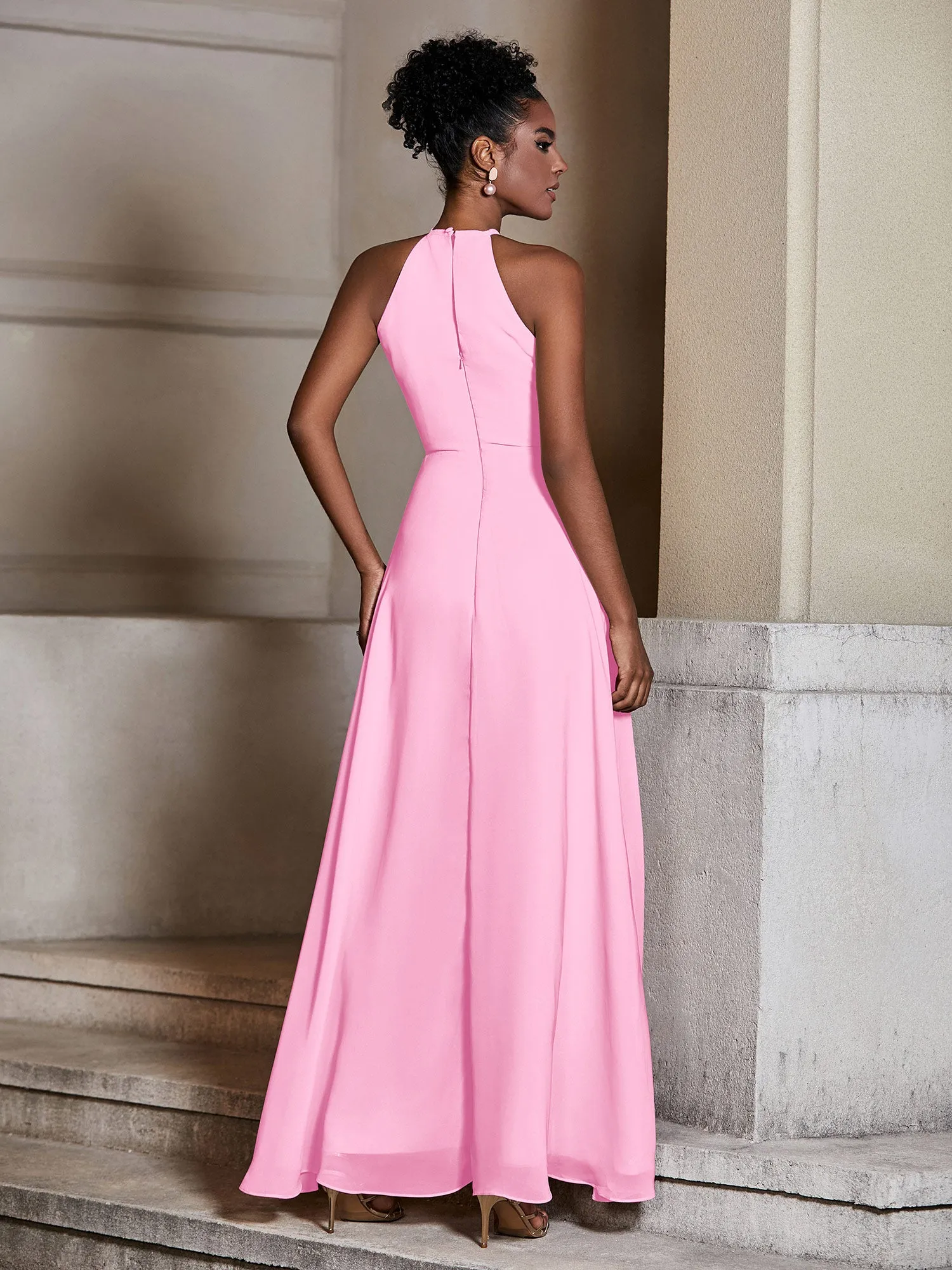Chiffon Long Halter Dresses with Slit-Candy Pink