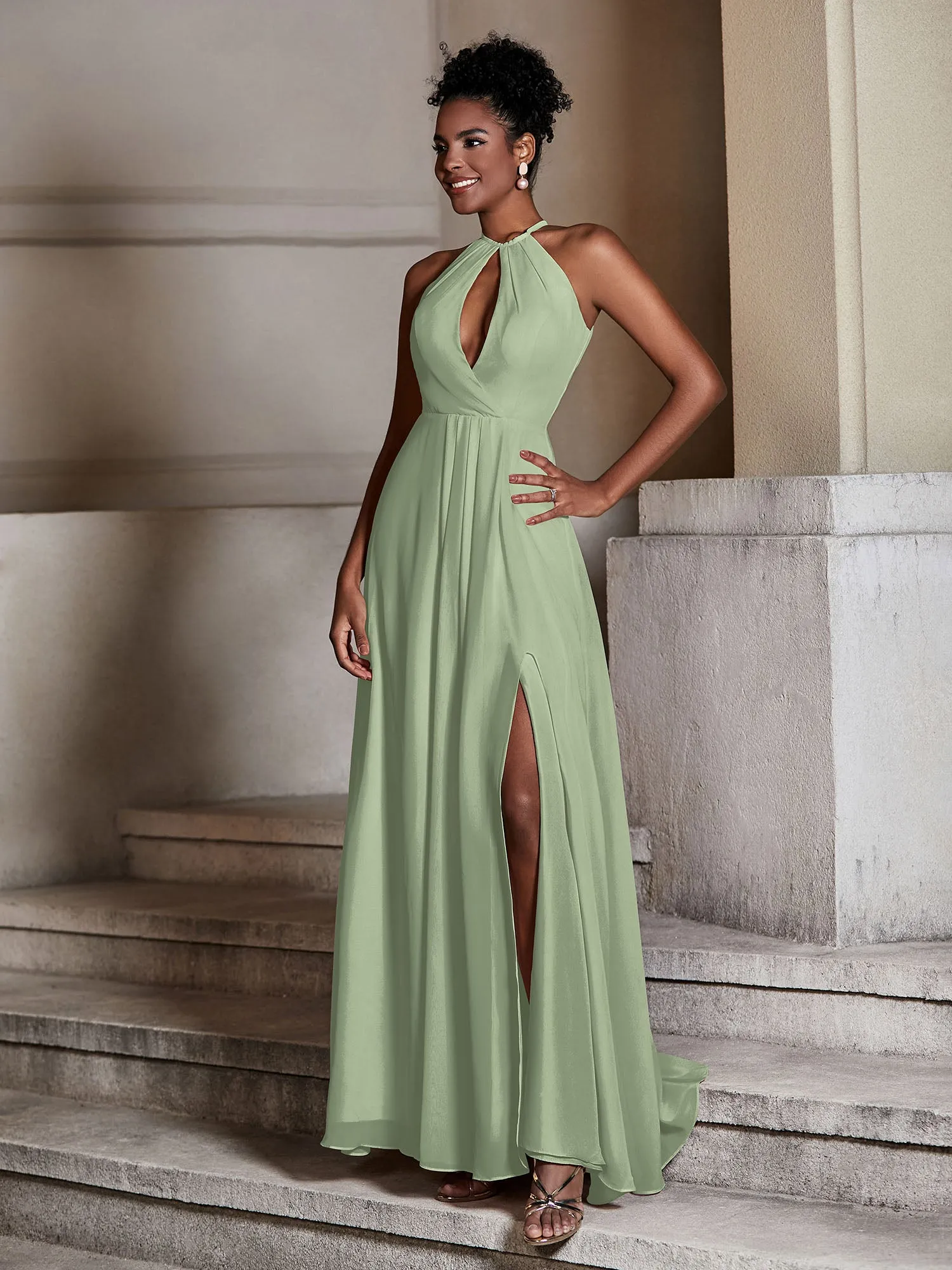 Chiffon Long Halter Dresses with Slit-Dusty Sage