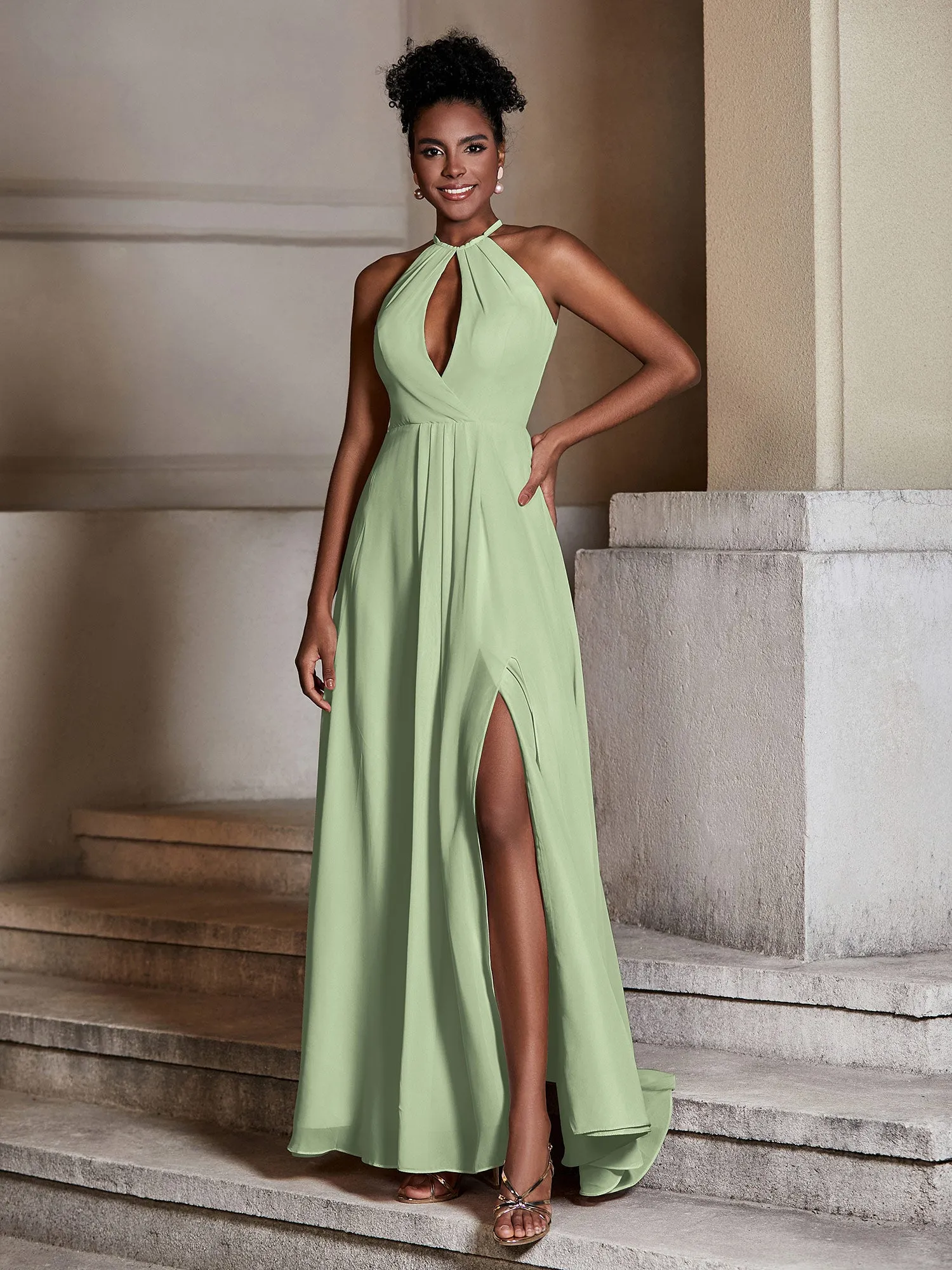Chiffon Long Halter Dresses with Slit-Dusty Sage