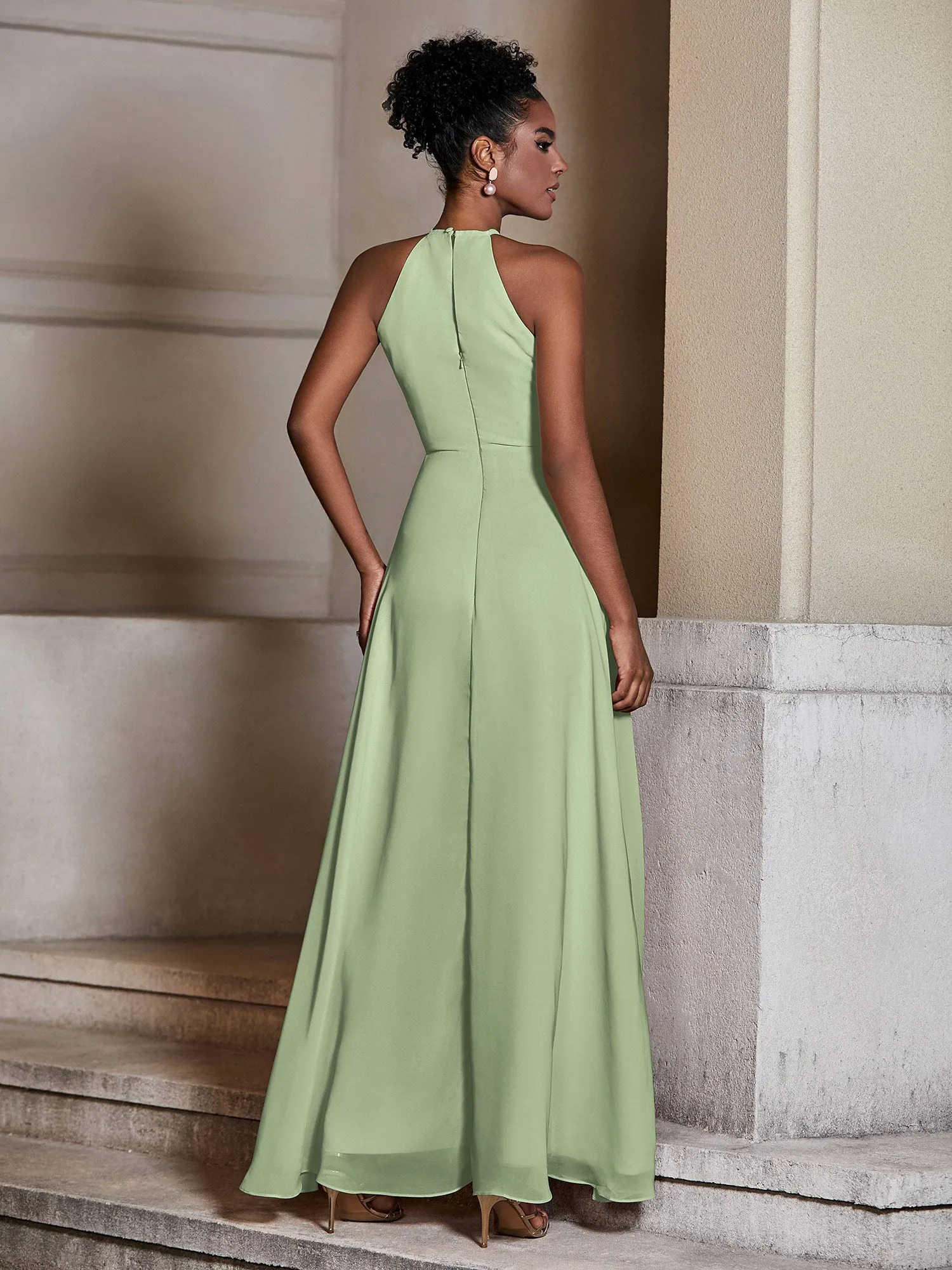 Chiffon Long Halter Dresses with Slit-Dusty Sage