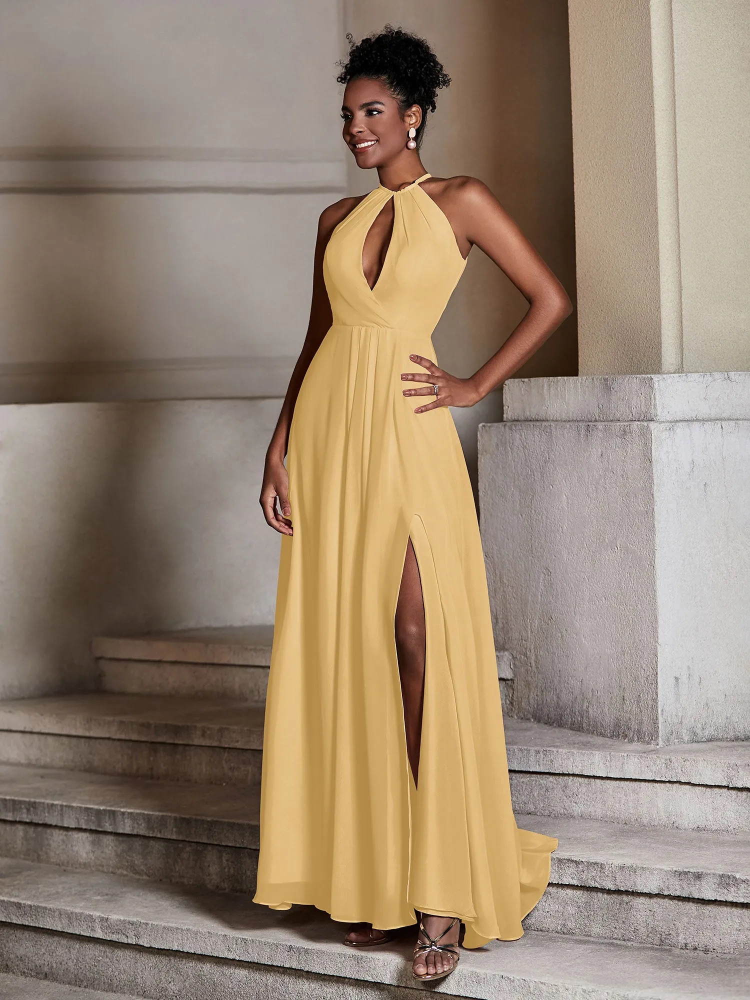 Chiffon Long Halter Dresses with Slit-Gold