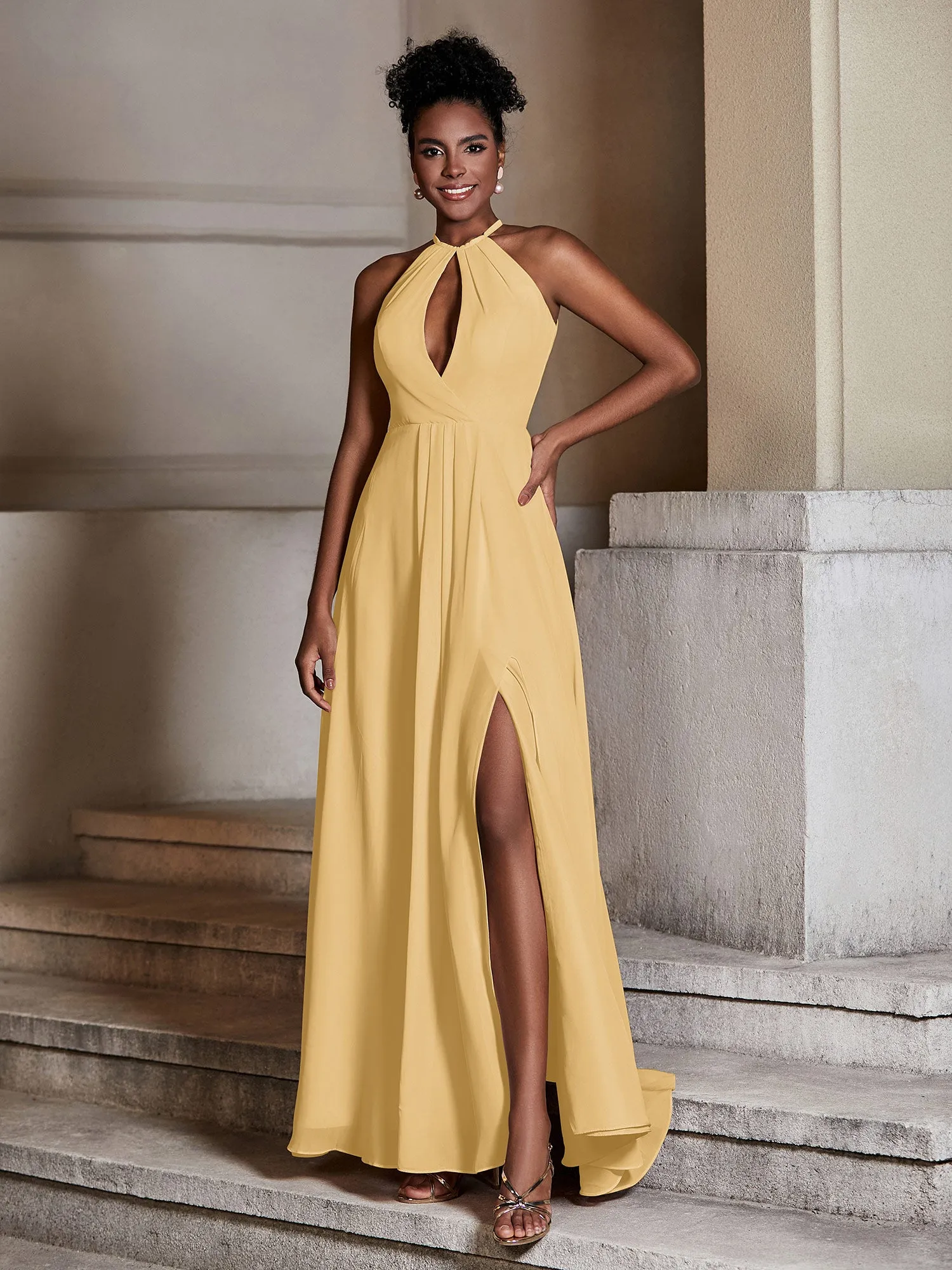 Chiffon Long Halter Dresses with Slit-Gold