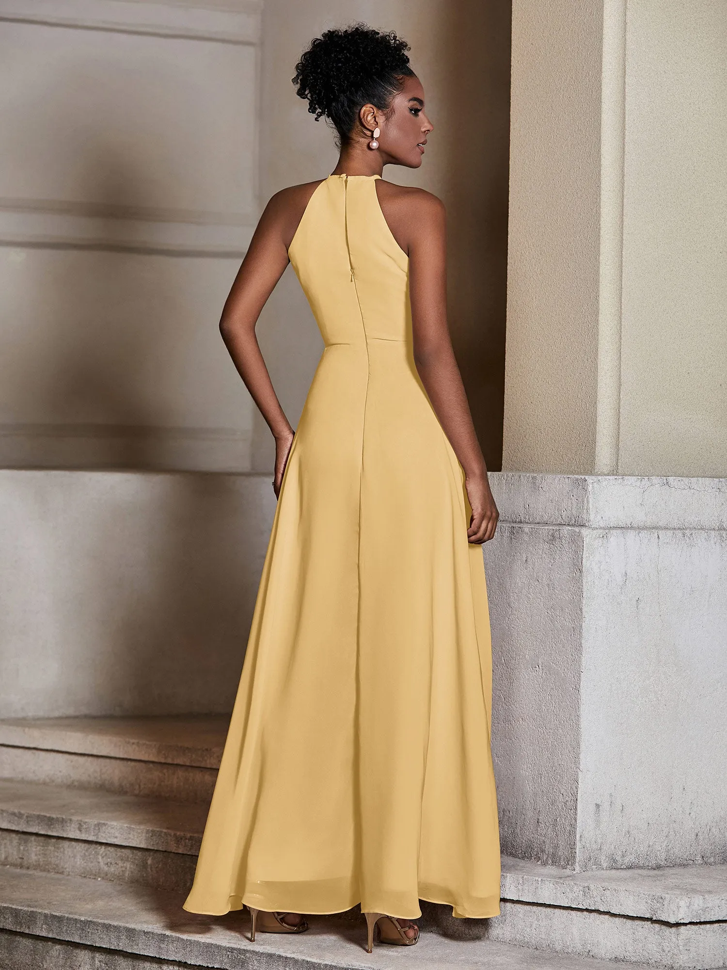 Chiffon Long Halter Dresses with Slit-Gold