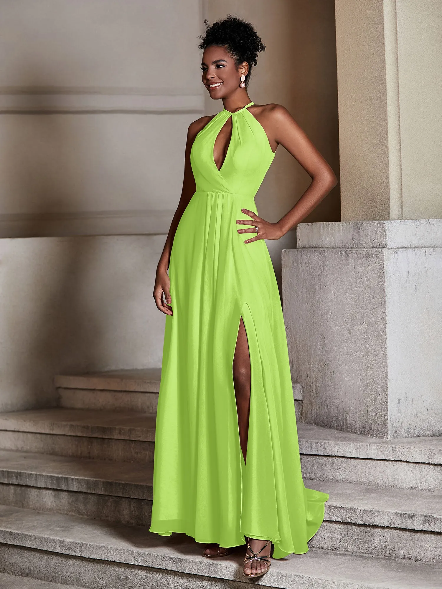 Chiffon Long Halter Dresses with Slit-Lime Green