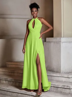 Chiffon Long Halter Dresses with Slit-Lime Green