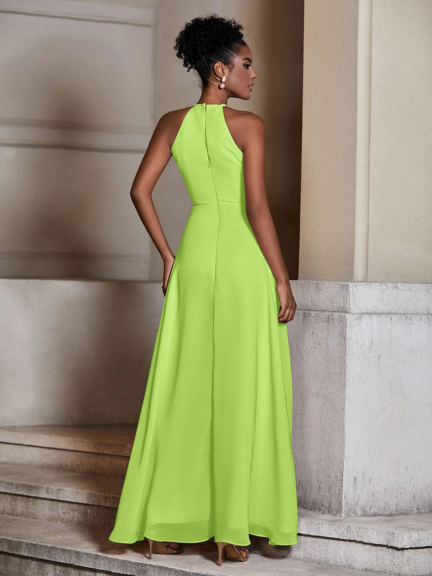 Chiffon Long Halter Dresses with Slit-Lime Green