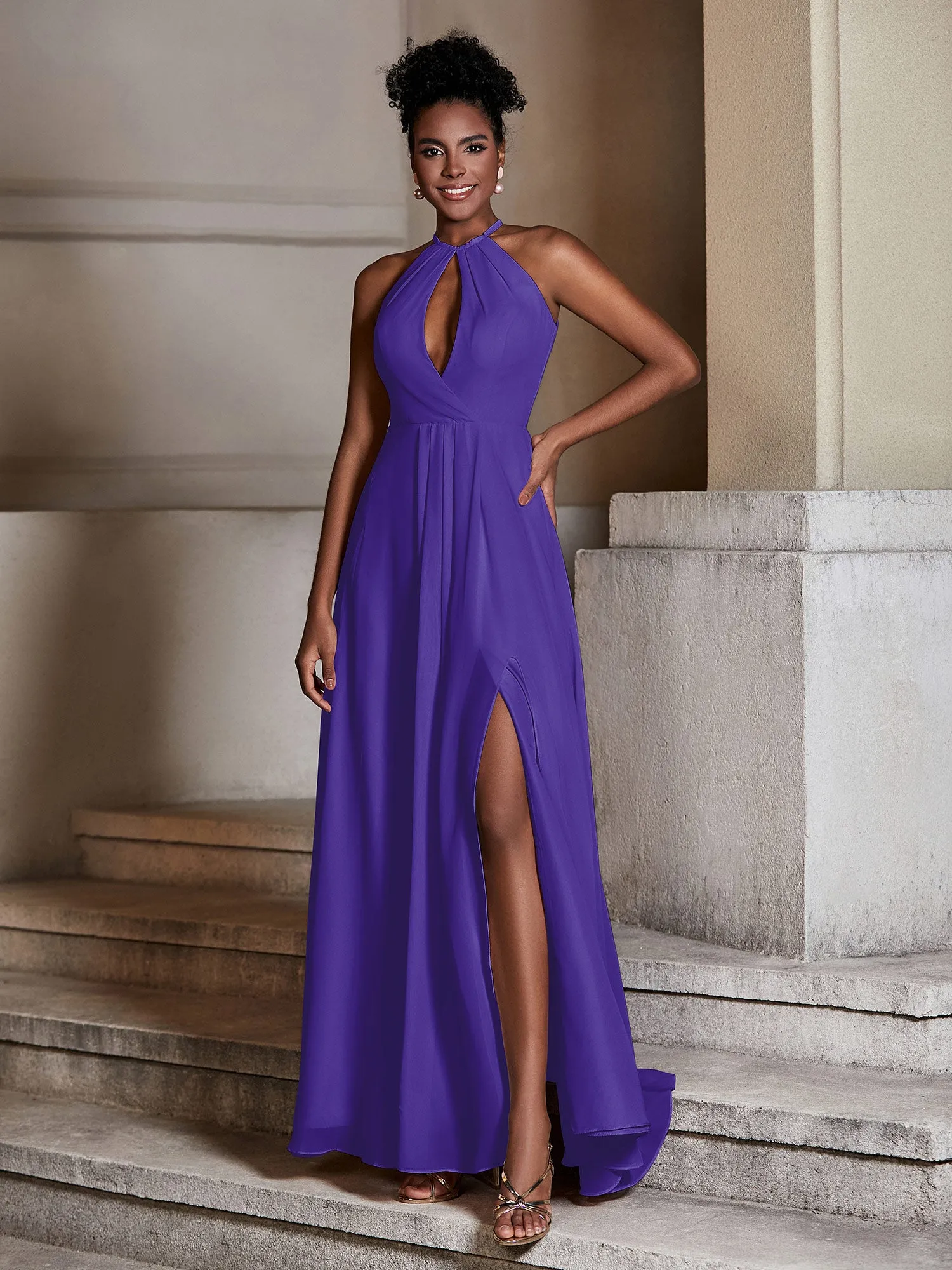 Chiffon Long Halter Dresses with Slit-Regency Plus Size