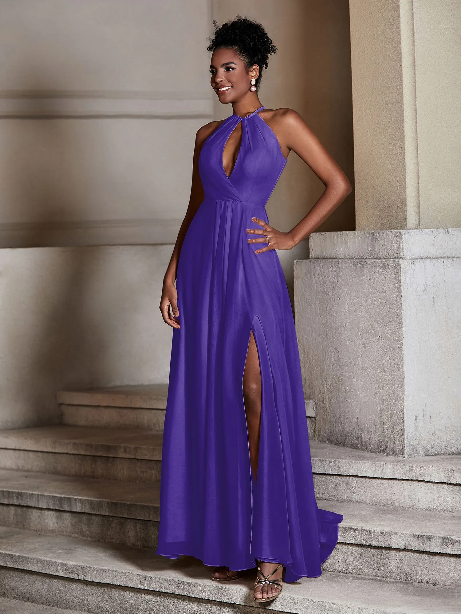 Chiffon Long Halter Dresses with Slit-Regency Plus Size