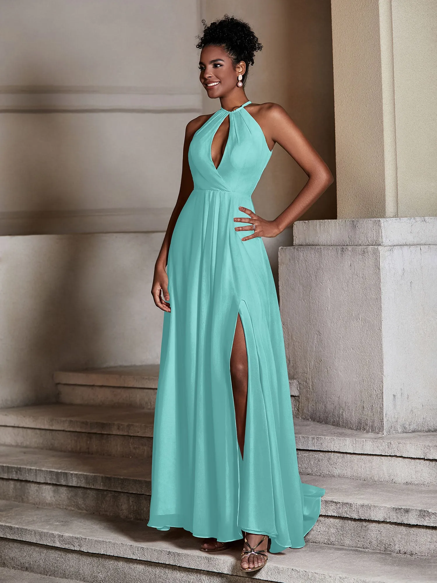 Chiffon Long Halter Dresses with Slit-Spa