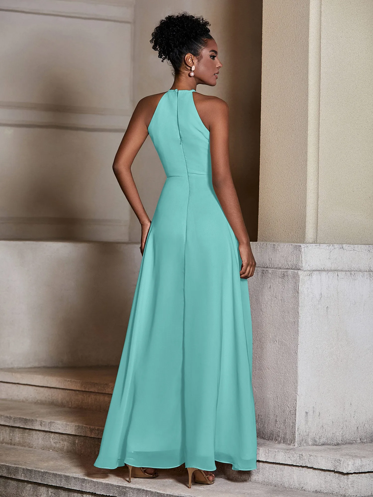 Chiffon Long Halter Dresses with Slit-Spa