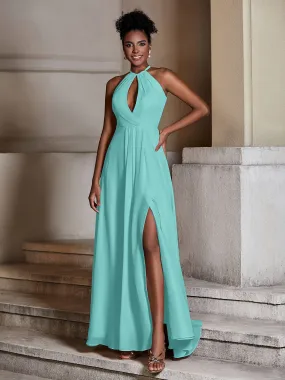 Chiffon Long Halter Dresses with Slit-Spa