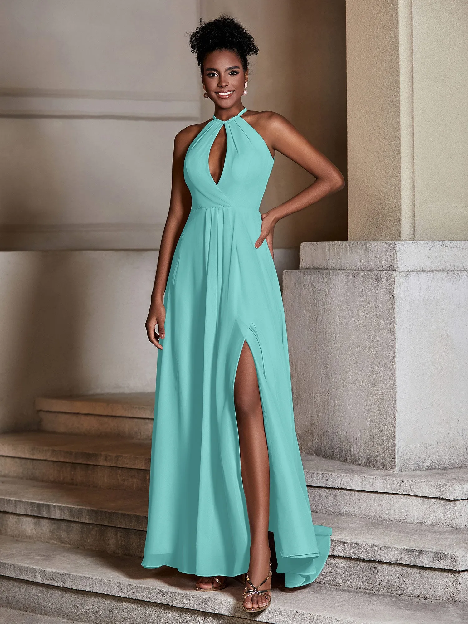 Chiffon Long Halter Dresses with Slit-Spa