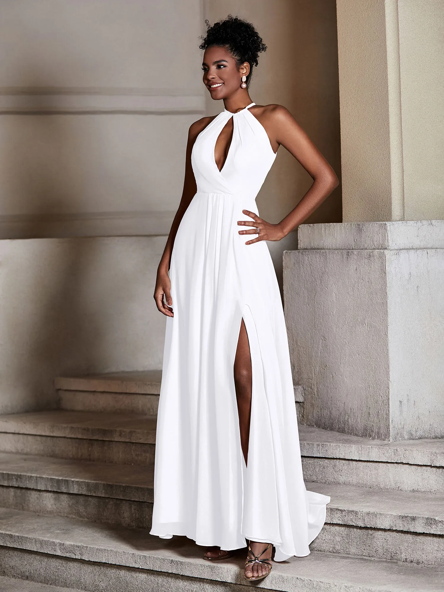 Chiffon Long Halter Dresses with Slit-White Plus Size