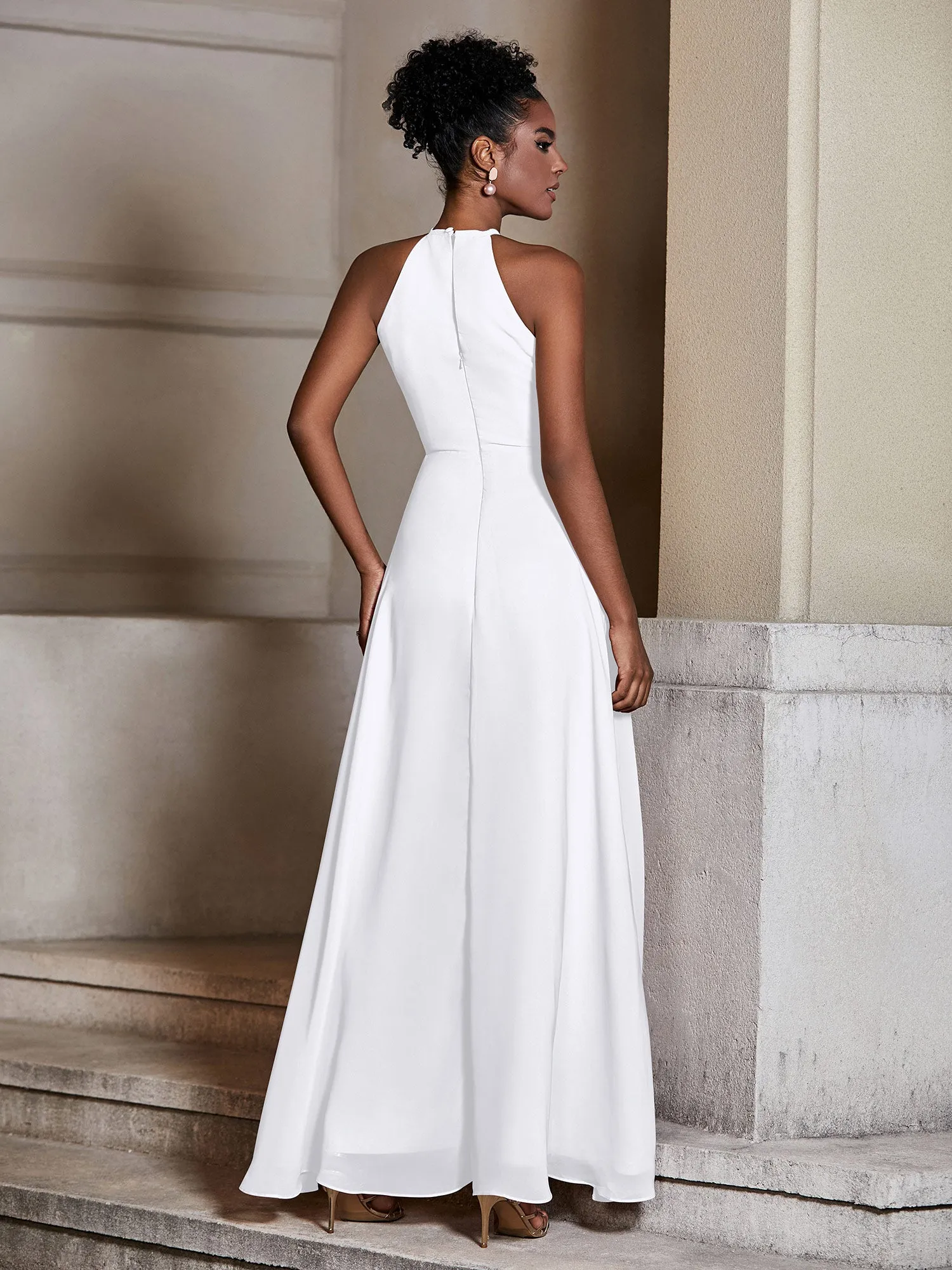 Chiffon Long Halter Dresses with Slit-White Plus Size