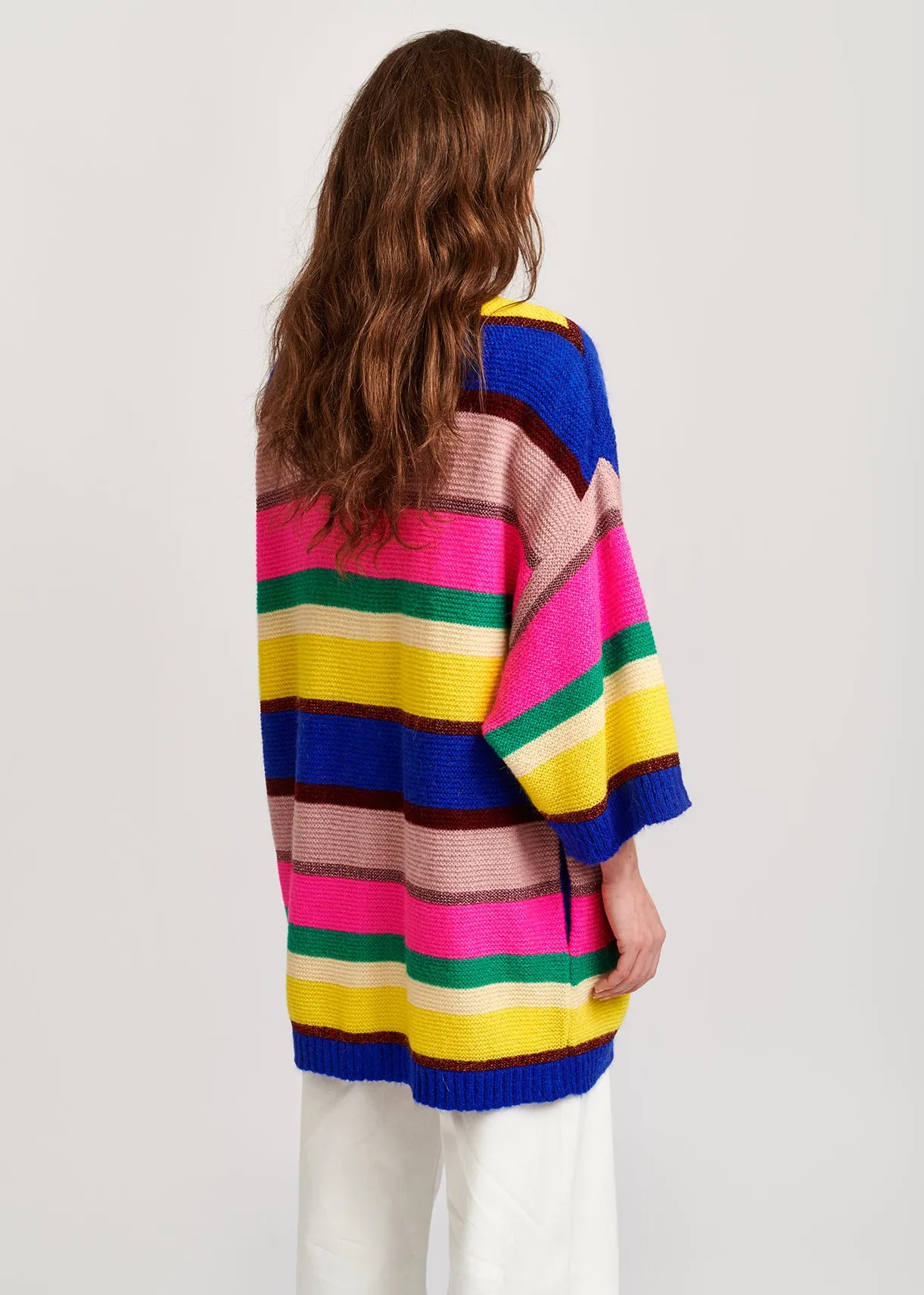 Cobalt blue, neon pink and yellow striped cardigan