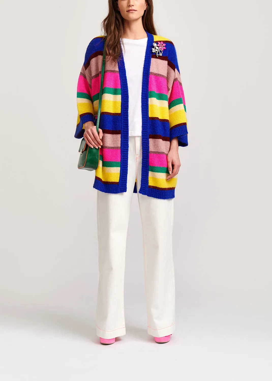 Cobalt blue, neon pink and yellow striped cardigan