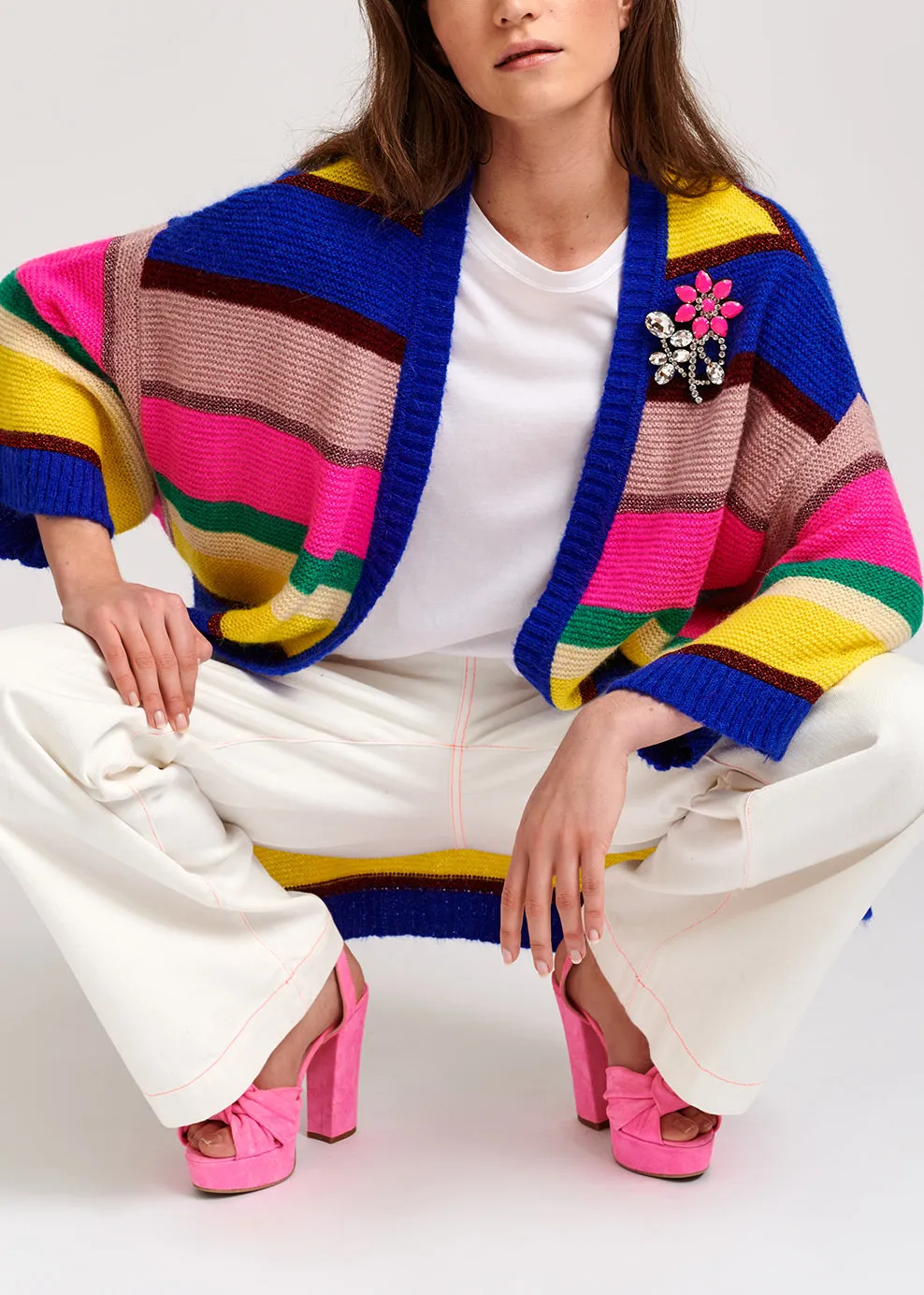 Cobalt blue, neon pink and yellow striped cardigan