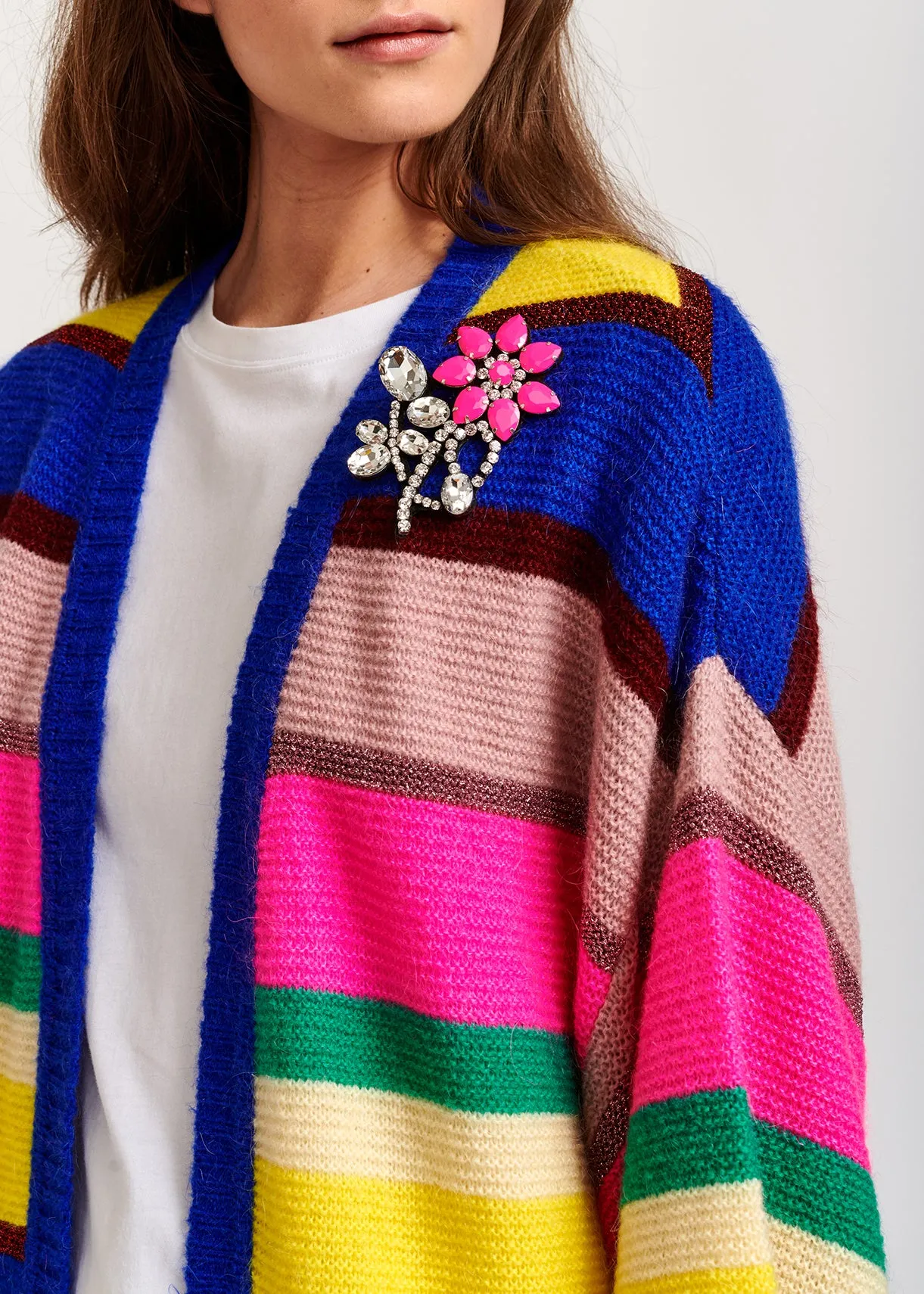 Cobalt blue, neon pink and yellow striped cardigan