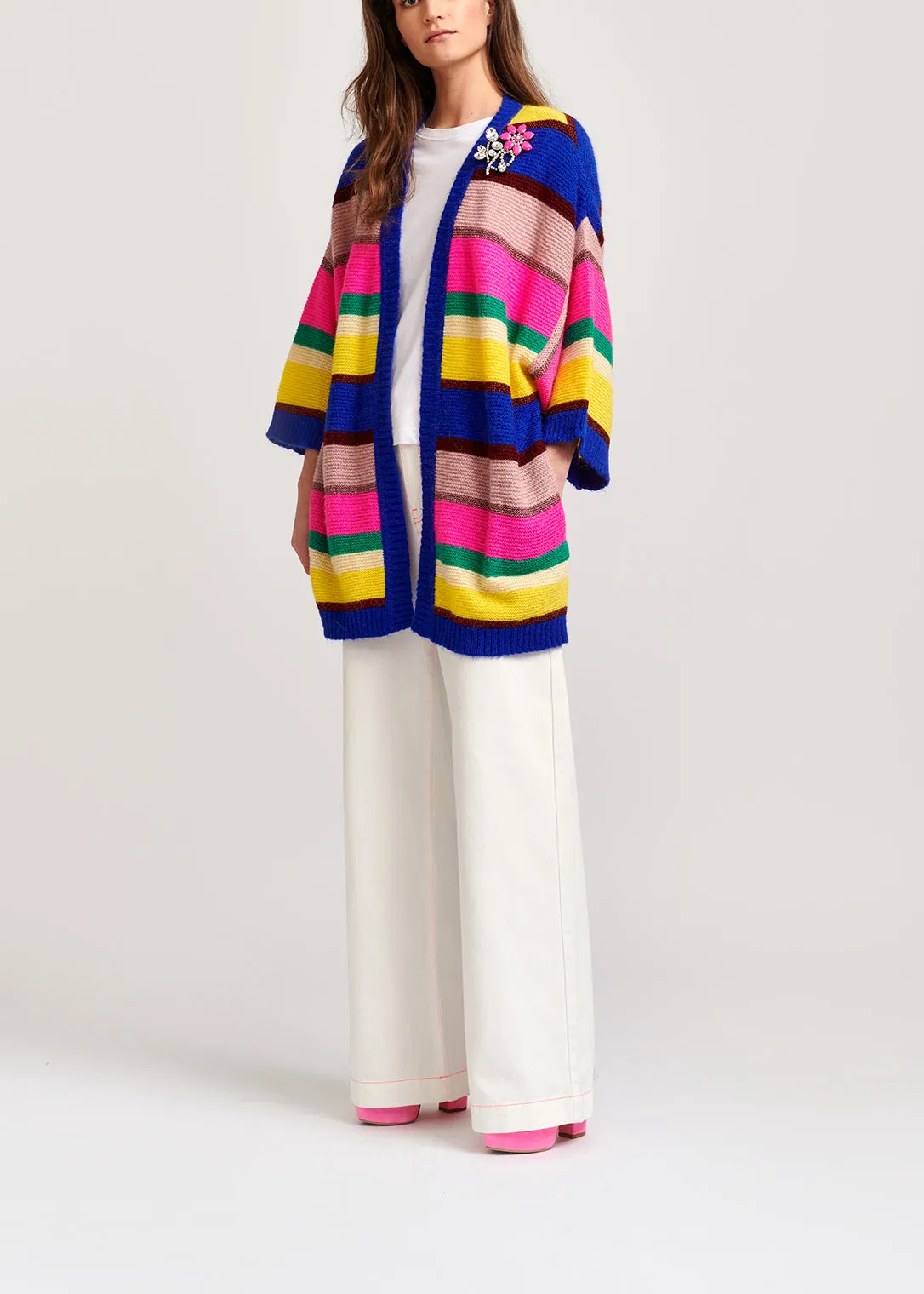 Cobalt blue, neon pink and yellow striped cardigan