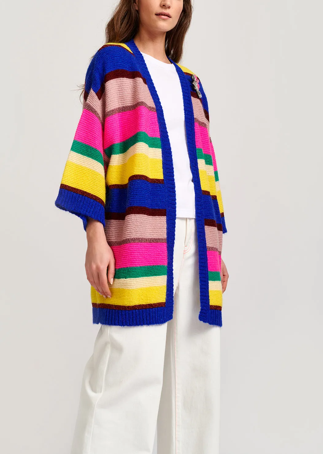 Cobalt blue, neon pink and yellow striped cardigan