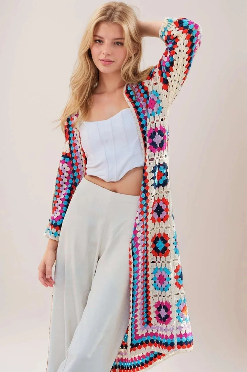 Colorful Granny Squares Long Open Cardigan
