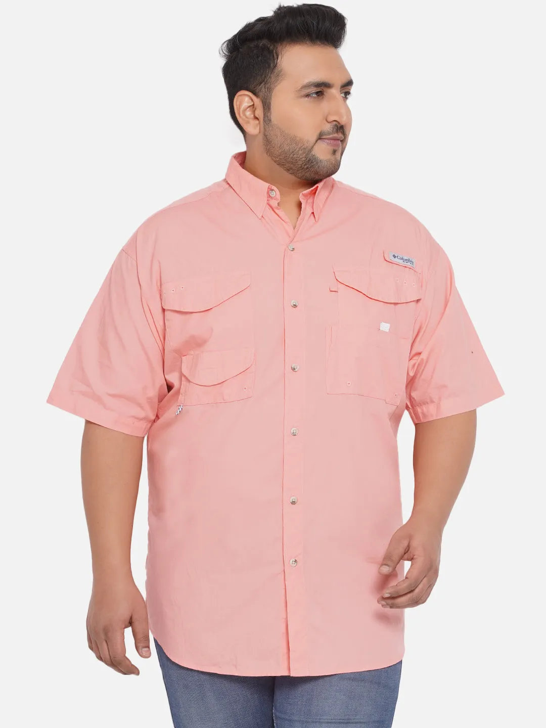 Columbia - Plus Size Men's Regular Fit Pink Cotton Solid Half Sleeve Casual Shirt