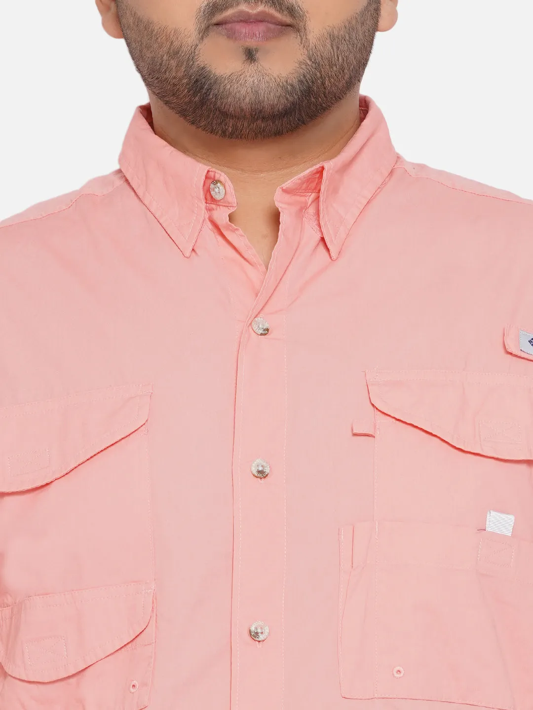 Columbia - Plus Size Men's Regular Fit Pink Cotton Solid Half Sleeve Casual Shirt
