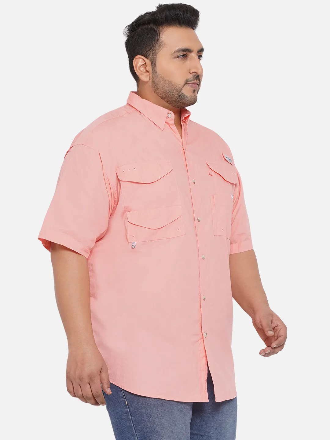 Columbia - Plus Size Men's Regular Fit Pink Cotton Solid Half Sleeve Casual Shirt