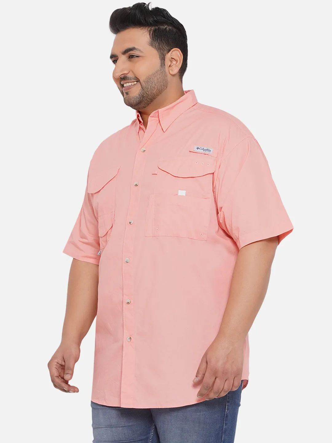 Columbia - Plus Size Men's Regular Fit Pink Cotton Solid Half Sleeve Casual Shirt