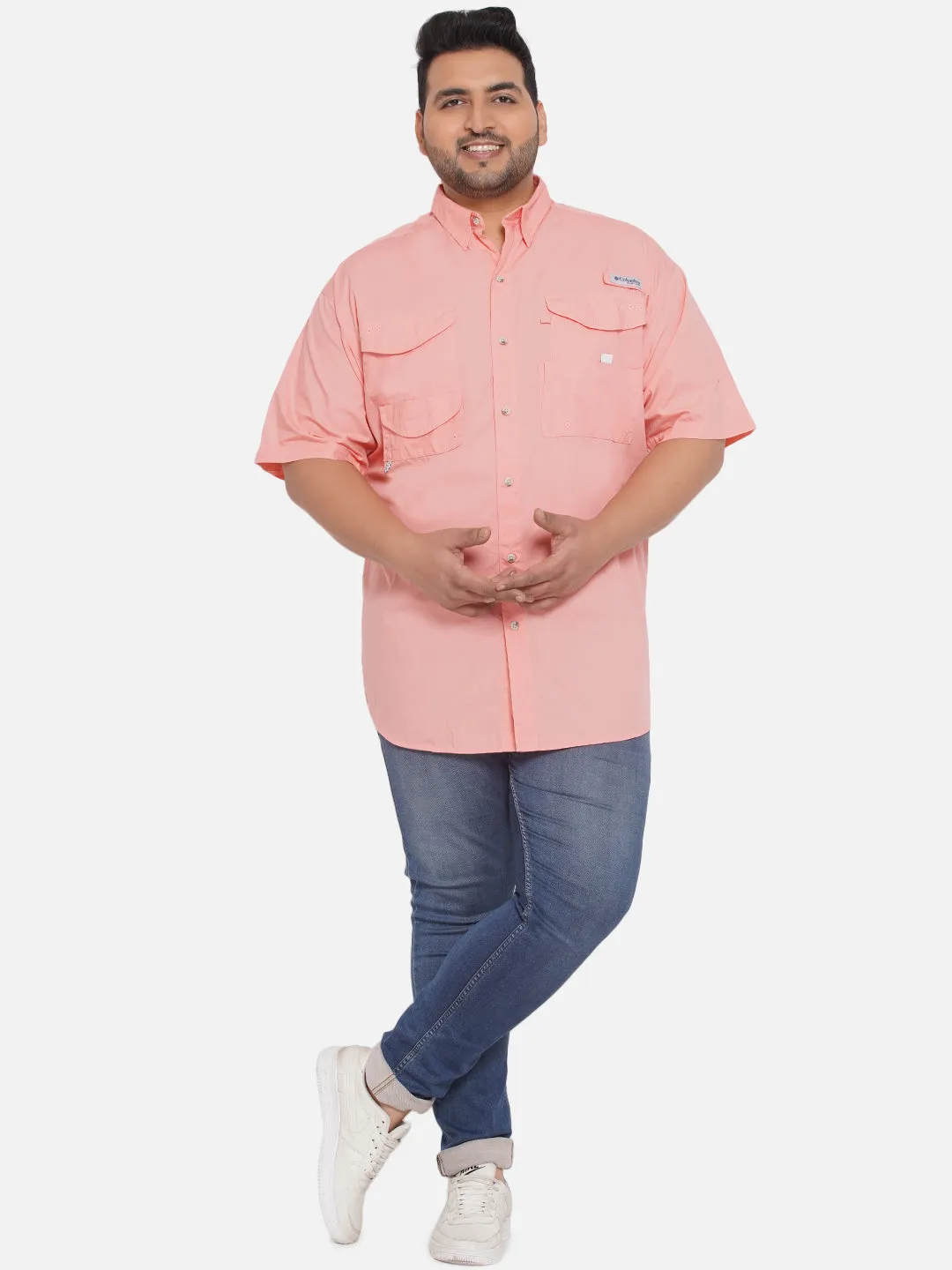 Columbia - Plus Size Men's Regular Fit Pink Cotton Solid Half Sleeve Casual Shirt