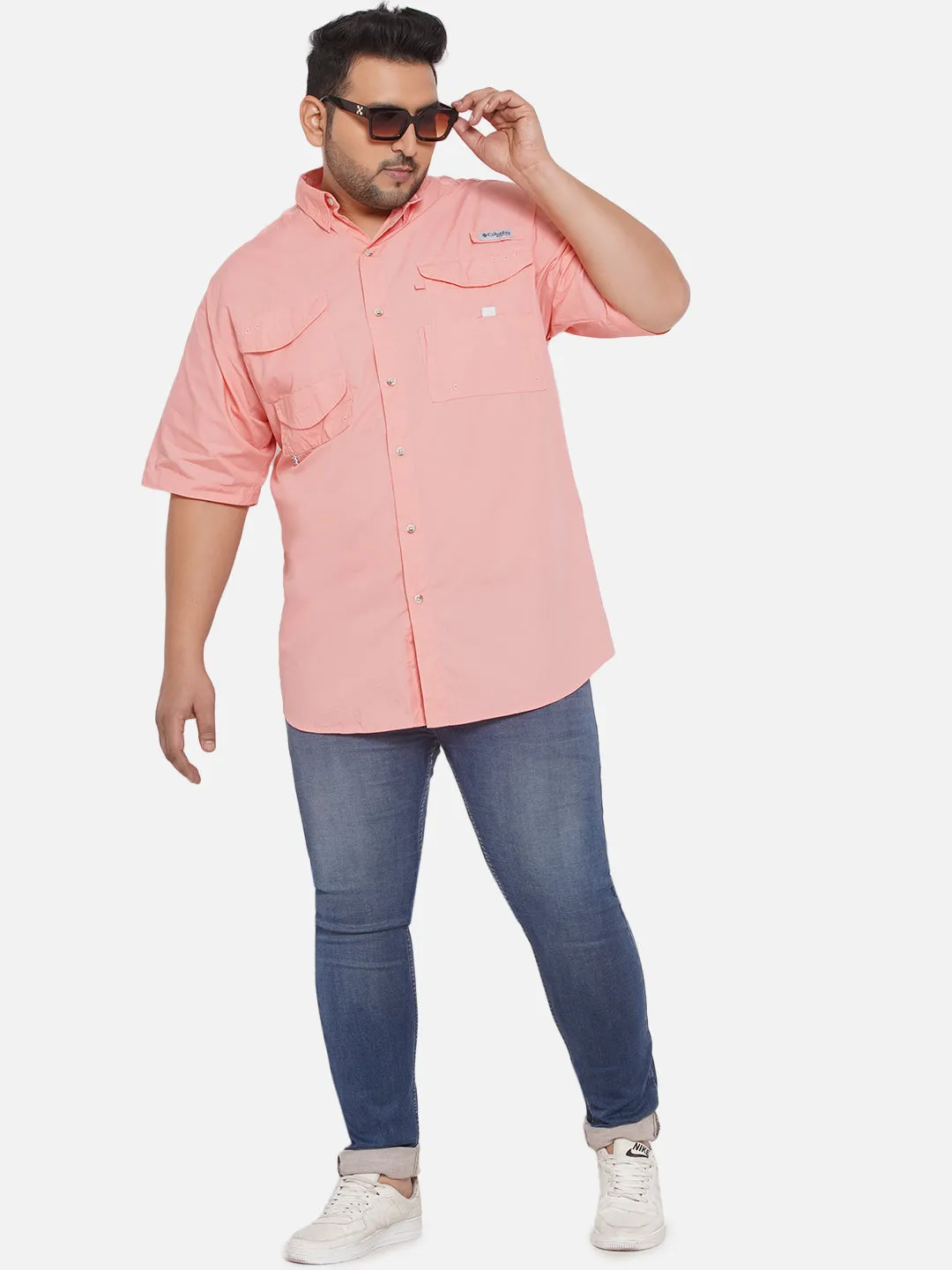 Columbia - Plus Size Men's Regular Fit Pink Cotton Solid Half Sleeve Casual Shirt