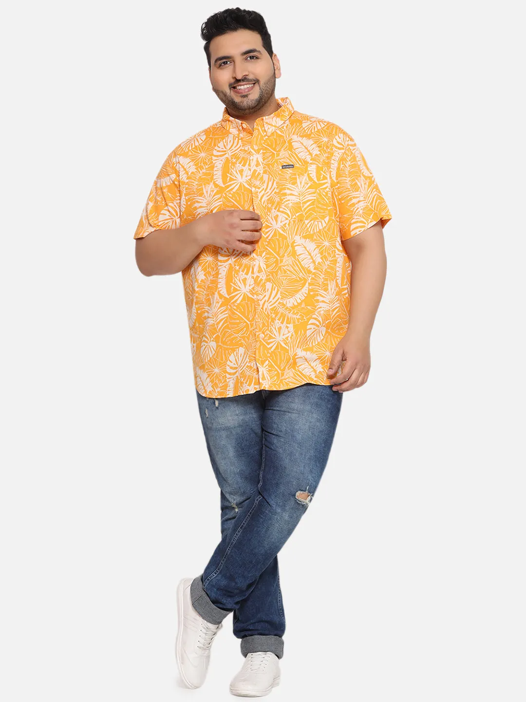 Columbia - Plus Size Men's Regular Fit Yellow Cotton Printed Half Sleeve Casual Shirt