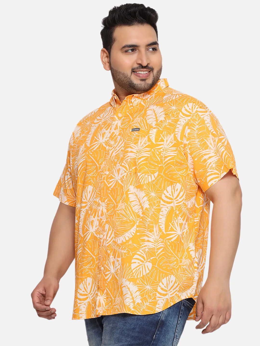 Columbia - Plus Size Men's Regular Fit Yellow Cotton Printed Half Sleeve Casual Shirt