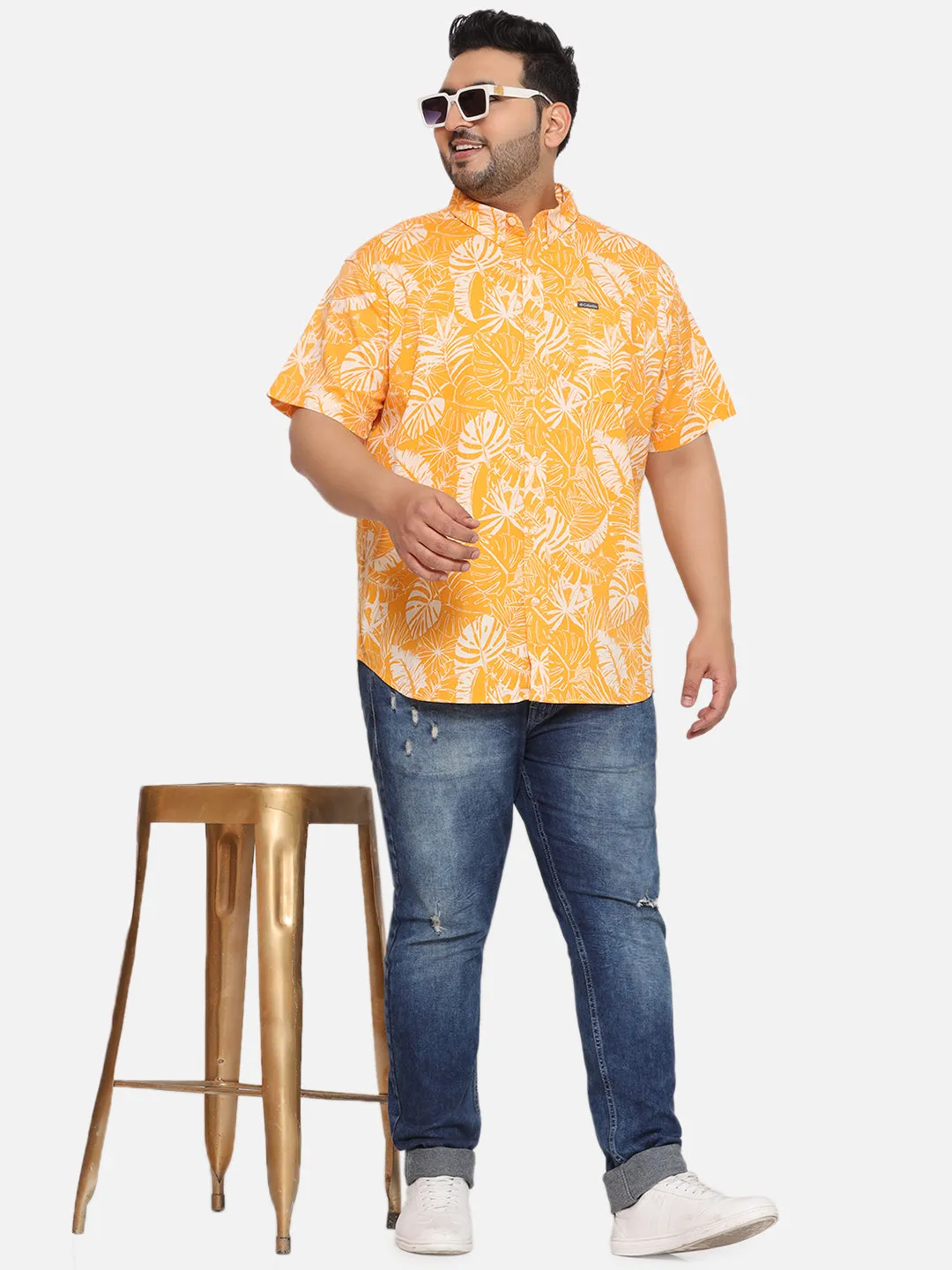 Columbia - Plus Size Men's Regular Fit Yellow Cotton Printed Half Sleeve Casual Shirt