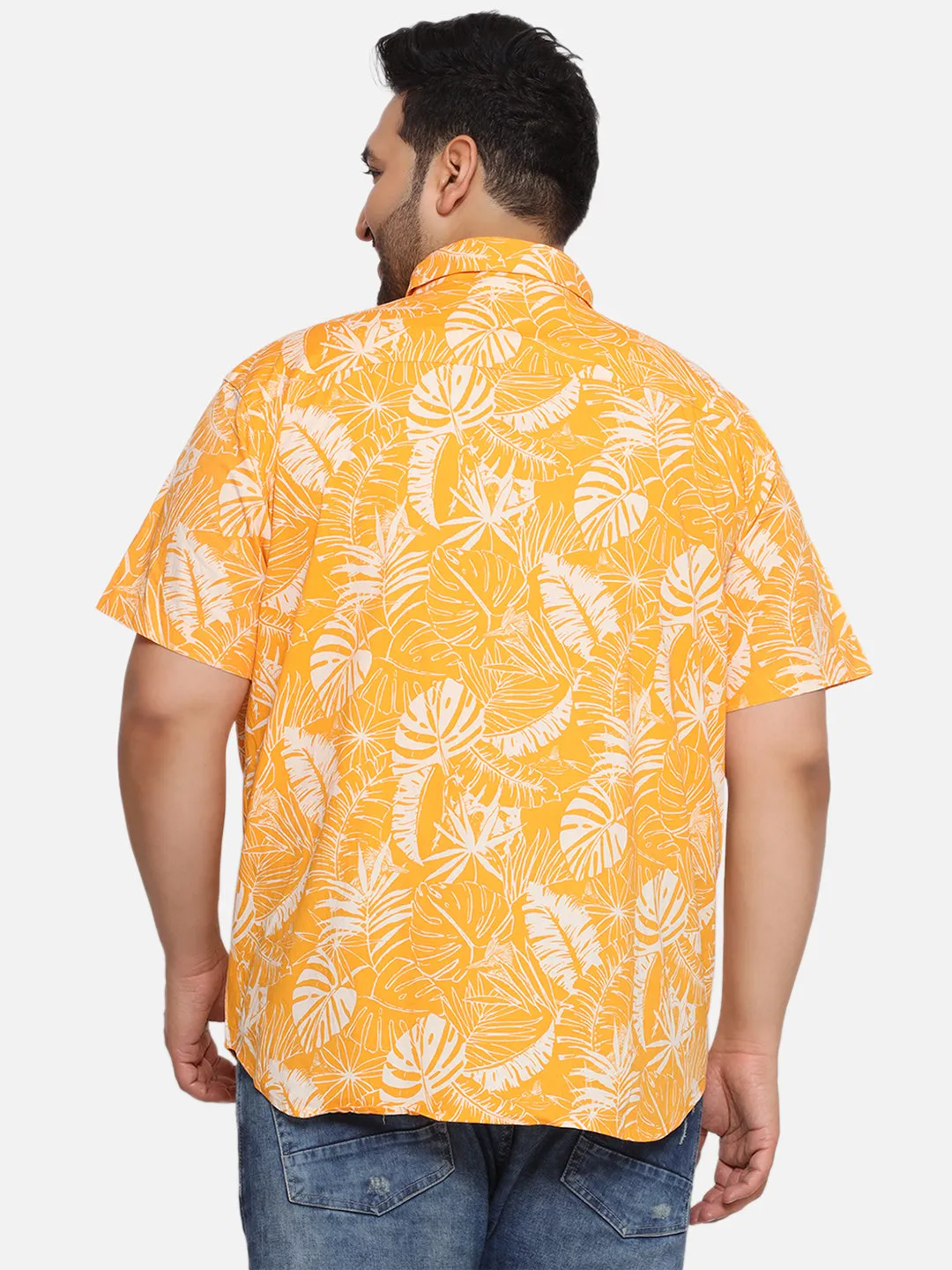 Columbia - Plus Size Men's Regular Fit Yellow Cotton Printed Half Sleeve Casual Shirt