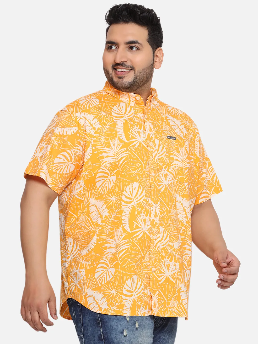 Columbia - Plus Size Men's Regular Fit Yellow Cotton Printed Half Sleeve Casual Shirt