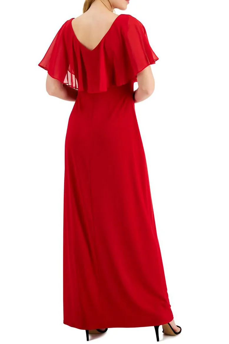 Connected Apparel V-neck flutter chiffon sleeve solid column matte jersey gown
