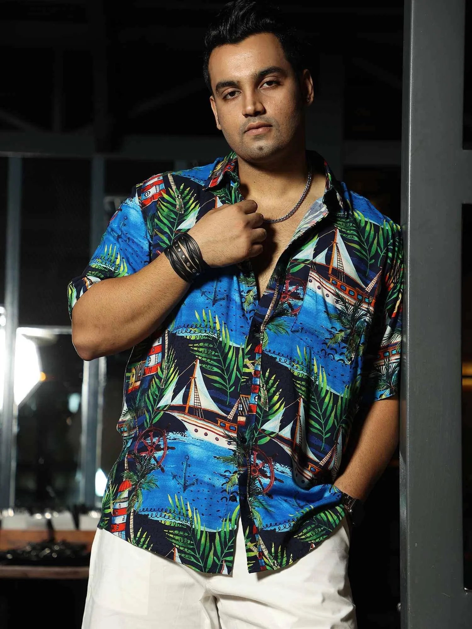 Cool Beach Printed Party Wear Half Shirt Men's Plus Size