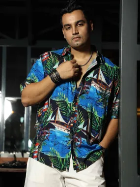 Cool Beach Printed Party Wear Half Shirt Men's Plus Size