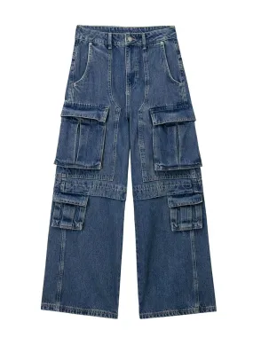 Cotton Jeans Loose High Waist Pockets Straight Wide-leg Floor-length Blue Denim Pants