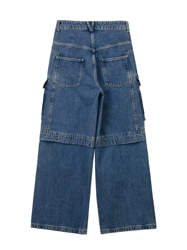 Cotton Jeans Loose High Waist Pockets Straight Wide-leg Floor-length Blue Denim Pants