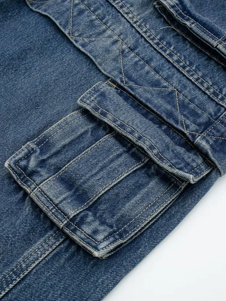 Cotton Jeans Loose High Waist Pockets Straight Wide-leg Floor-length Blue Denim Pants