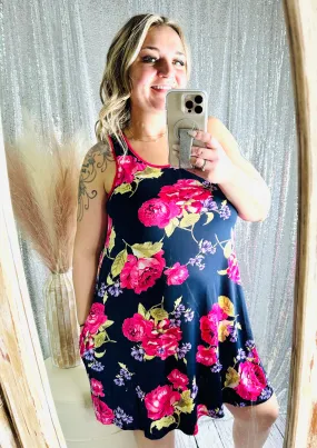 Dark Blue & Pink Floral Tank Dress