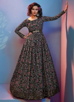 Designer Black Digital Printed Crepe Party Wear Gown