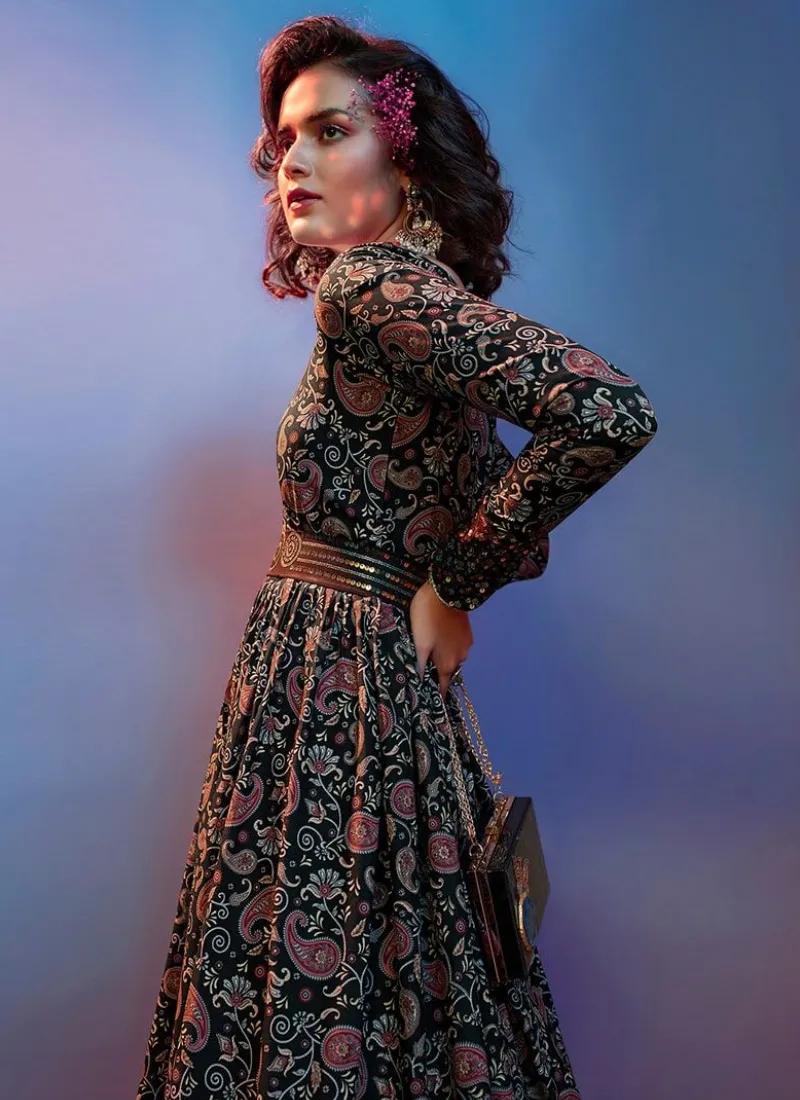 Designer Black Digital Printed Crepe Party Wear Gown