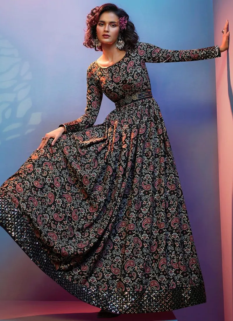 Designer Black Digital Printed Crepe Party Wear Gown