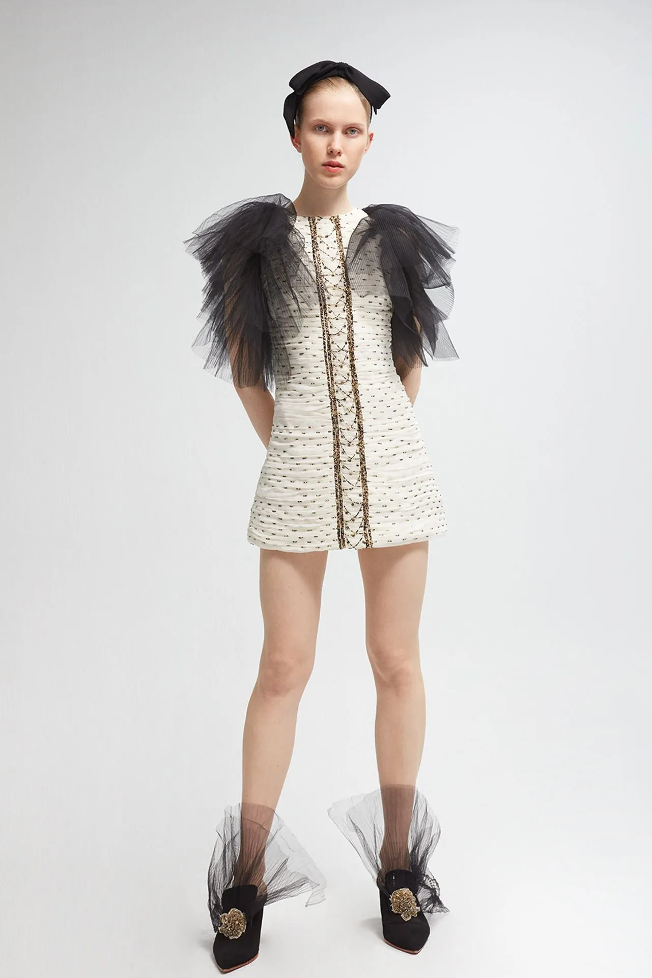 Draped Chiffon Mini Dress with Tulle Sleeves